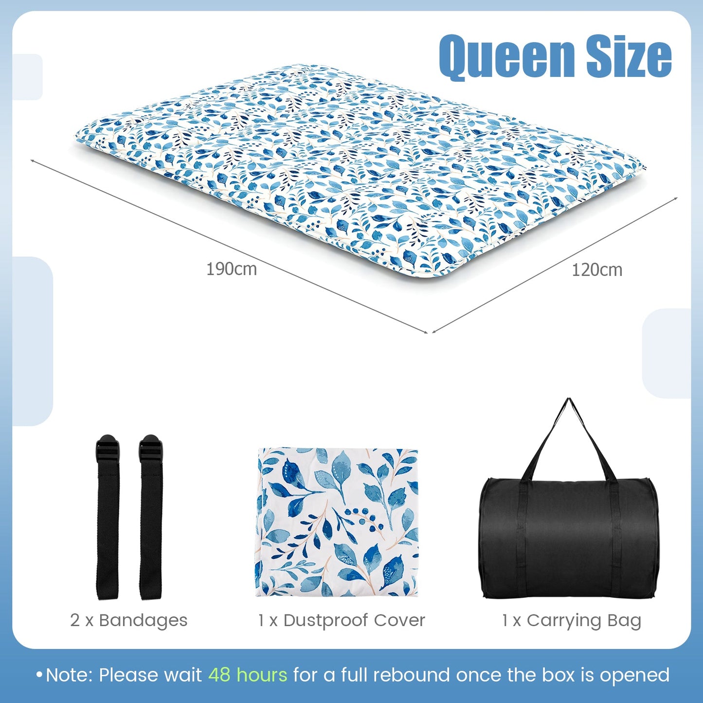 Japanese Floor Mattress with Washable Cover and Carry Bag-Blue & White-Compact Double