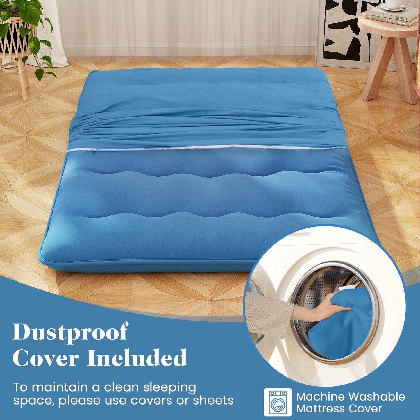 Japanese Floor Mattress with Washable Cover and Carry Bag-Blue-Double Size