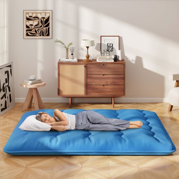 Japanese Floor Mattress with Washable Cover and Carry Bag-Blue-King Size