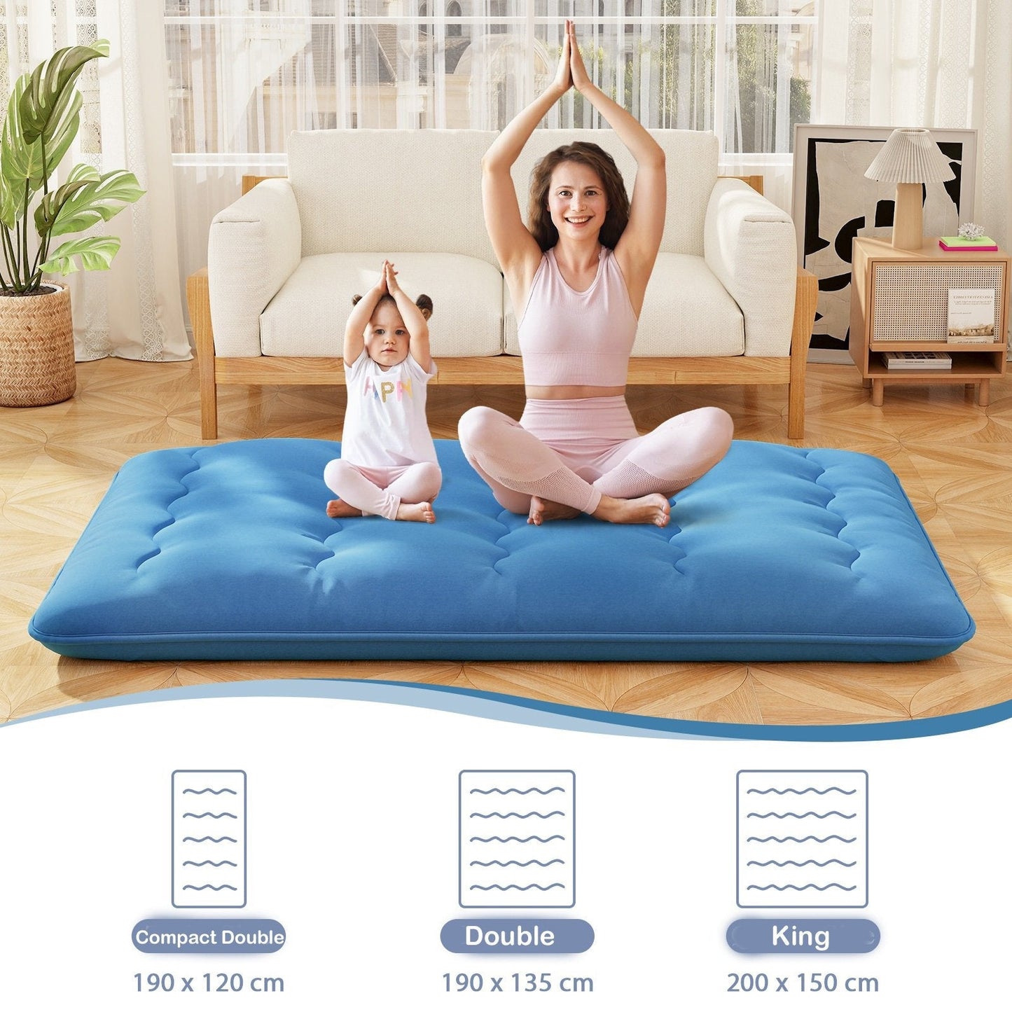 Japanese Floor Mattress with Washable Cover and Carry Bag-Blue-Compact Double