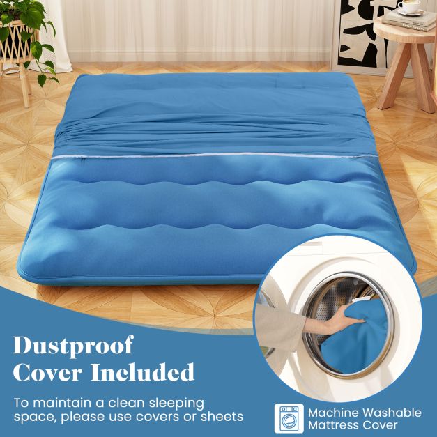 Japanese Floor Mattress with Washable Cover and Carry Bag-Blue-King Size