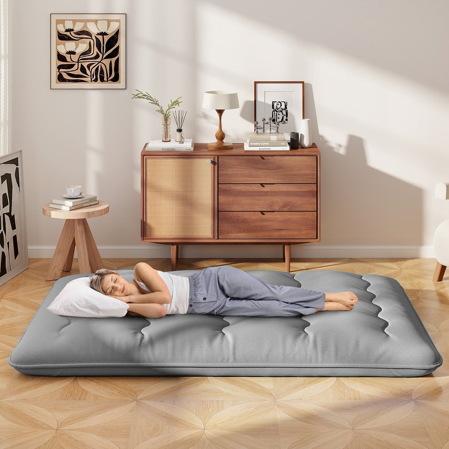 Japanese Floor Mattress with Washable Cover and Carry Bag-Grey-Double Size