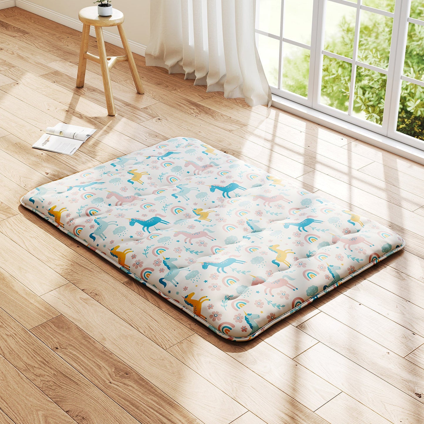 Japanese Floor Mattress with Washable Cover and Carry Bag-Rainbow-Double Size