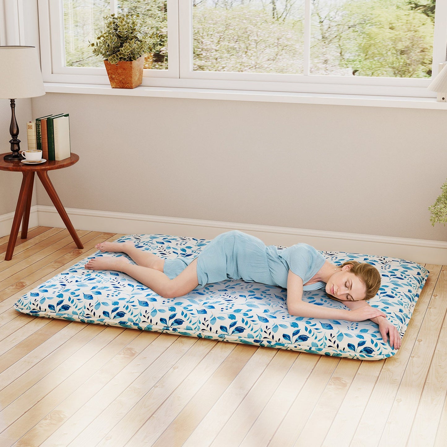 Japanese Floor Mattress with Washable Cover and Carry Bag-Blue &amp; White-Double Size