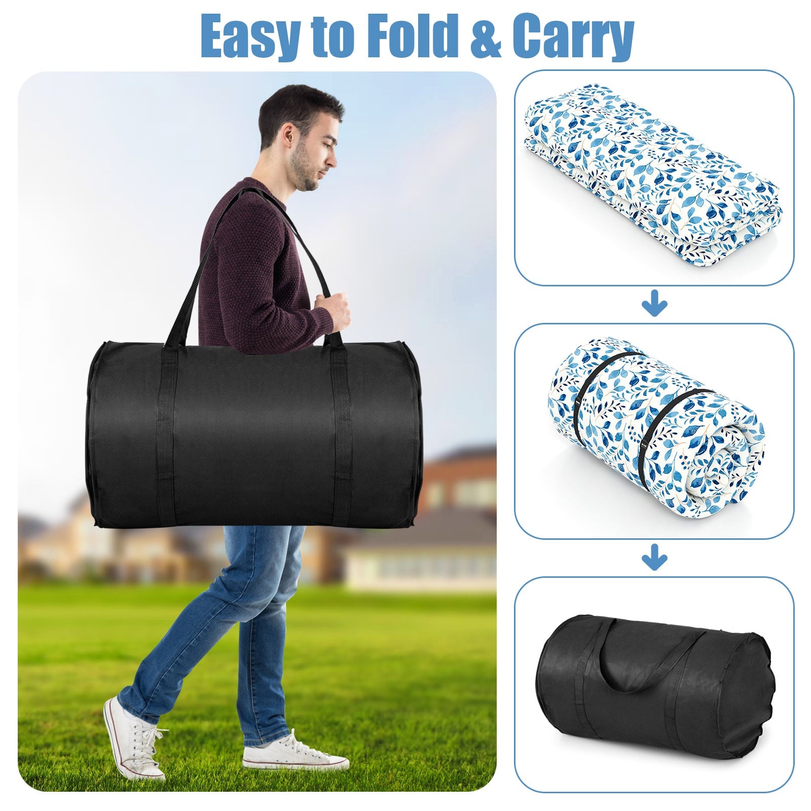 Japanese Floor Mattress with Washable Cover and Carry Bag-Blue &amp; White-Double Size