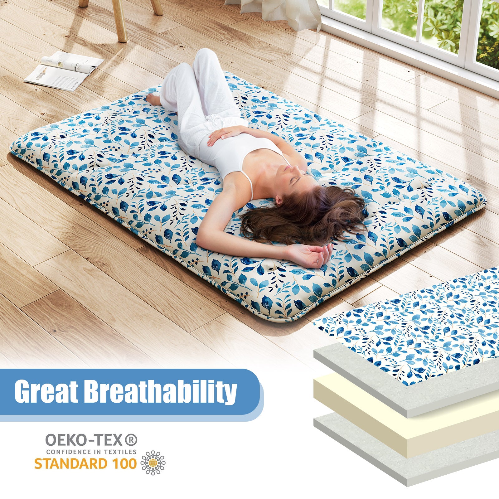 Japanese Floor Mattress with Washable Cover and Carry Bag-Blue &amp; White-Double Size
