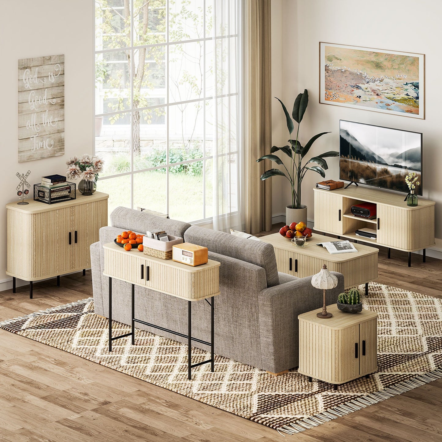 HOMCOM Coffee Table with Storage, Living Room Table with Slatted Tambour Sliding Doors and Foot Pads, Rectangular Coffee Table with Elevated Base for Living Room, Oak