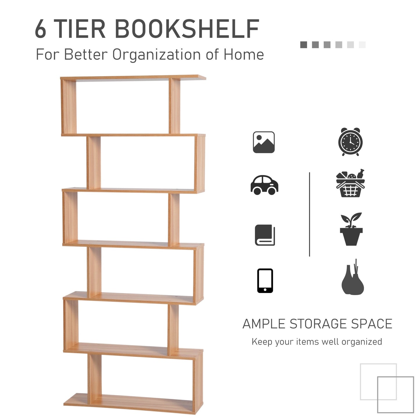 HOMCOM Bookcase, 6 Tier Shelf S Shaped Bookshelf, Storage Unit, Display Shelf for Living Room, Bedroom, Home Office, Plant, Maple