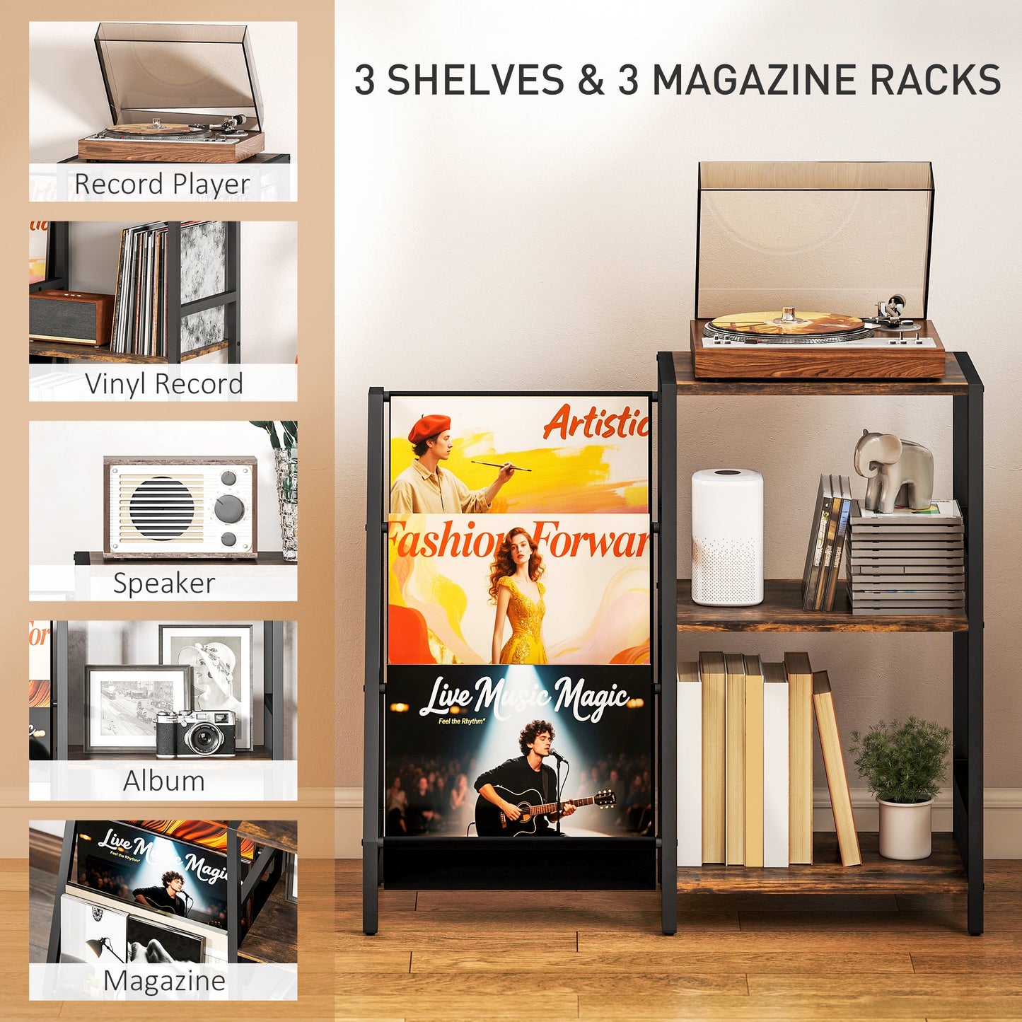 HOMCOM 3-Tier Record Player Stand, End Table for Living Room, Bedroom - Rustic Brown