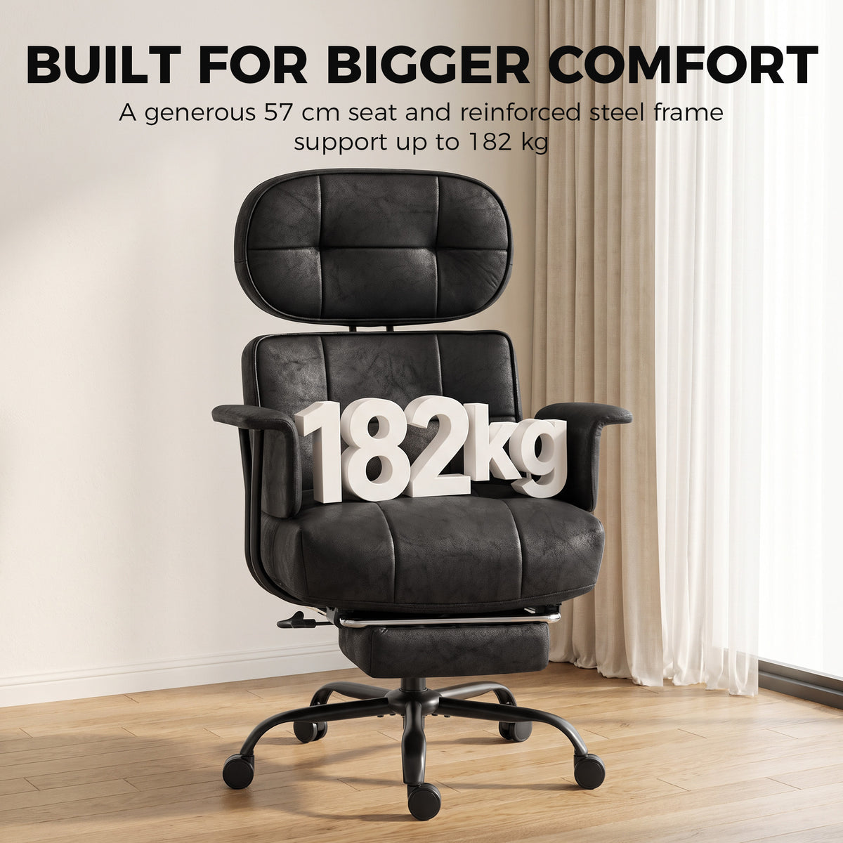 HOMCOM Office Chair, Big and Tall Desk Chair with Footrest, Wide Seat, Leathaire, Reclining Back, Swivel Wheels, Black