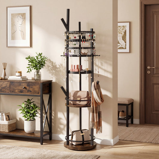 Jewelry Organizer Stand 360° Rotating Floor Jewelry Storage Rack Free Standing Jewelry Display Tower-Rustic Brown