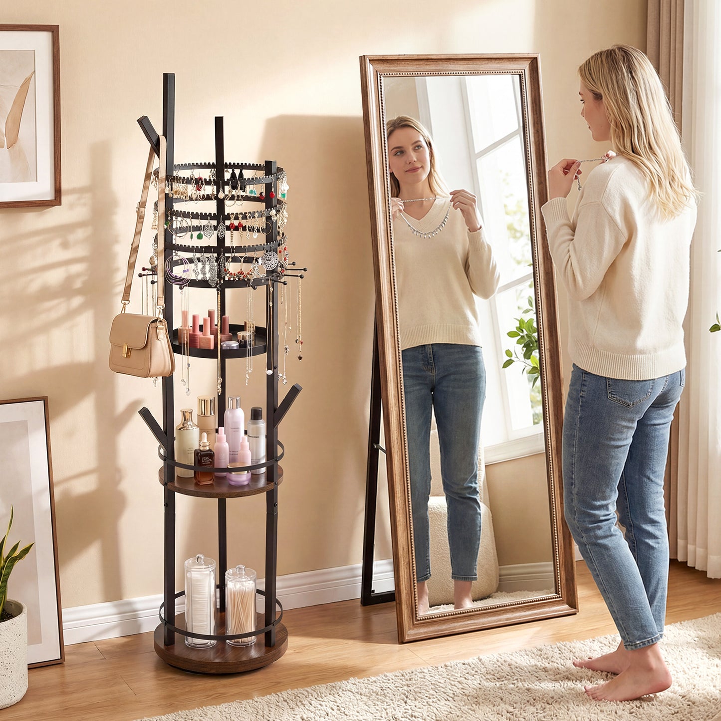 Jewelry Organizer Stand 360° Rotating Floor Jewelry Storage Rack Free Standing Jewelry Display Tower-Rustic Brown
