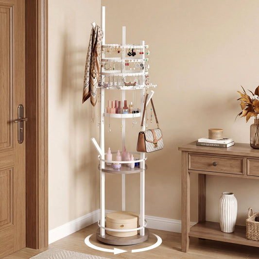 Jewelry Organizer Stand 360° Rotating Floor Jewelry Storage Rack Free Standing Jewelry Display Tower-Grey