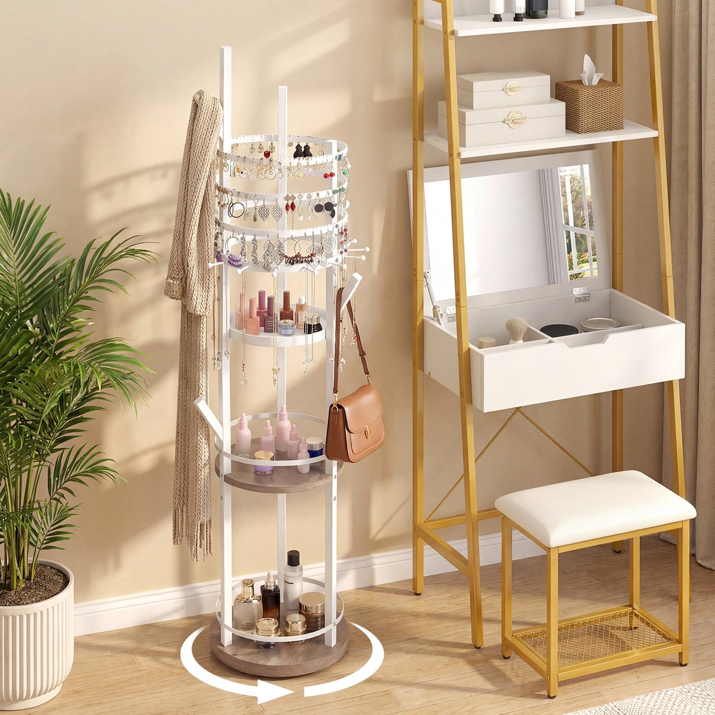 Jewelry Organizer Stand 360° Rotating Floor Jewelry Storage Rack Free Standing Jewelry Display Tower-Grey