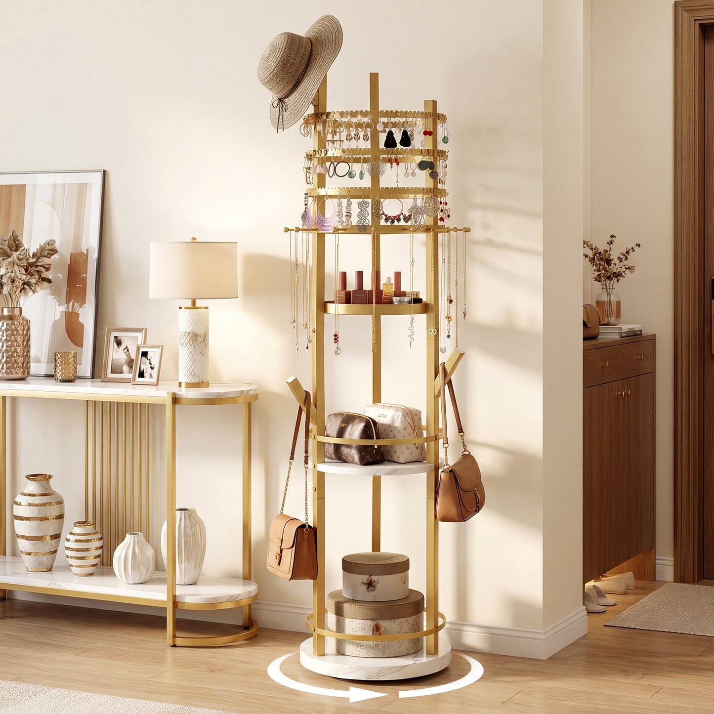 Jewelry Organizer Stand 360° Rotating Floor Jewelry Storage Rack Free Standing Jewelry Display Tower-White