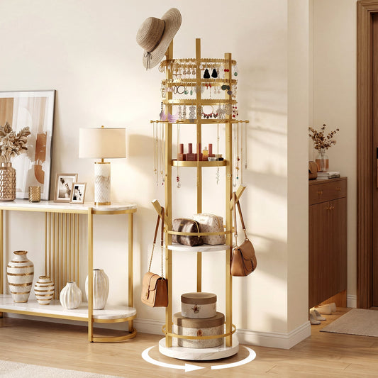 Jewelry Organizer Stand 360° Rotating Floor Jewelry Storage Rack Free Standing Jewelry Display Tower-White
