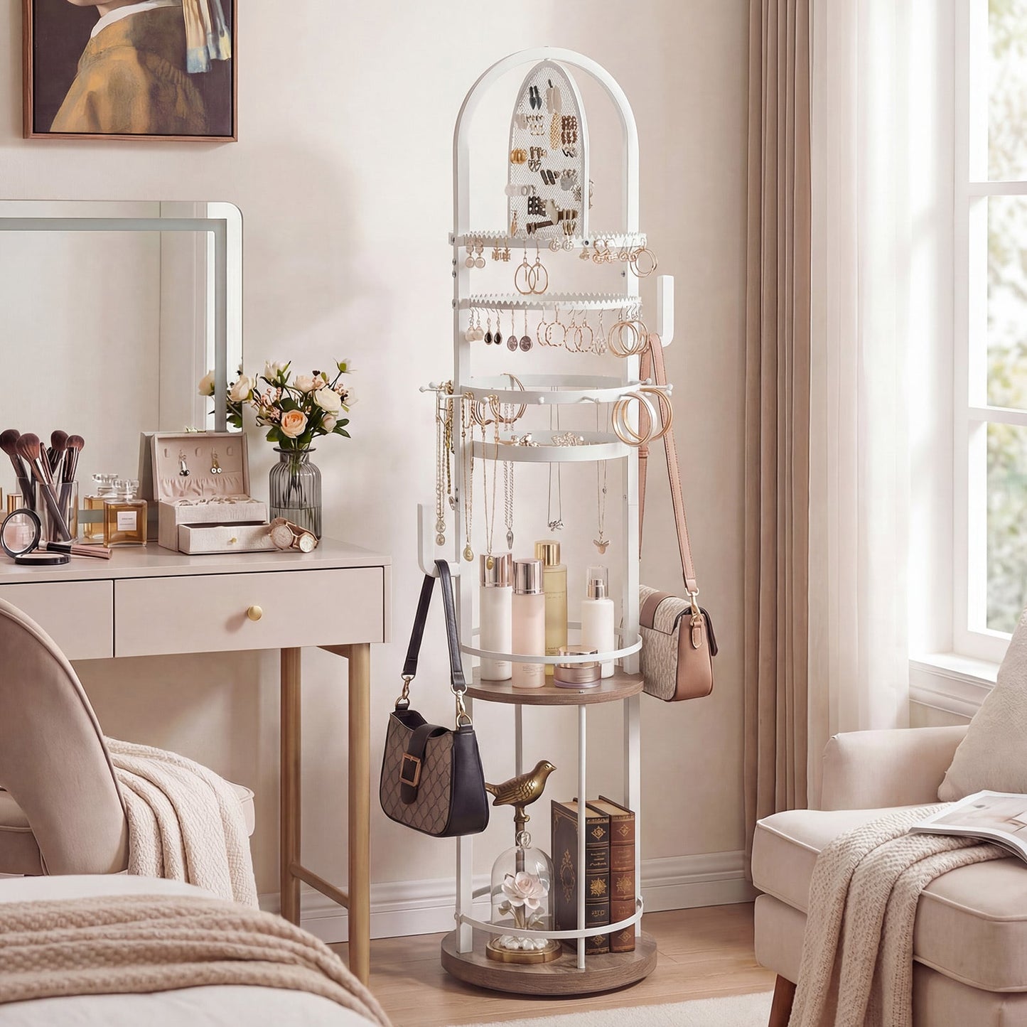 Jewelry Organizer Stand 360° Rotating Floor Jewelry Storage Rack with Earring Necklace Holders-Gray