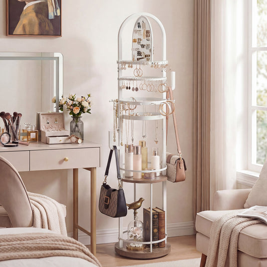 Jewelry Organizer Stand 360° Rotating Floor Jewelry Storage Rack with Earring Necklace Holders-Gray