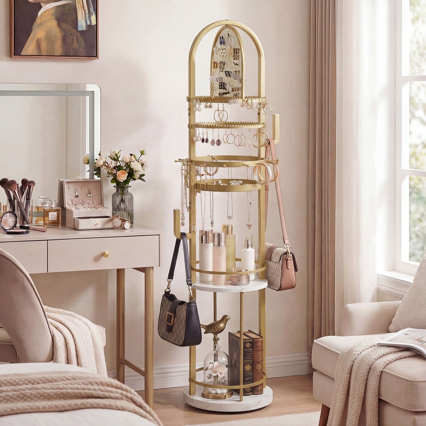 Jewelry Organizer Stand 360° Rotating Floor Jewelry Storage Rack with Earring Necklace Holders-White and Golden