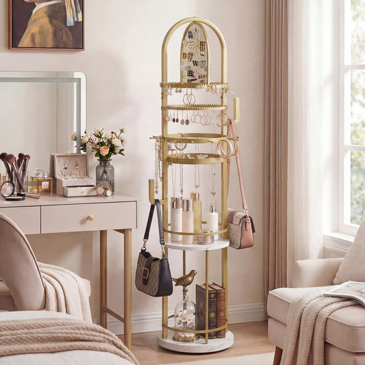 Jewelry Organizer Stand 360° Rotating Floor Jewelry Storage Rack with Earring Necklace Holders-White and Golden
