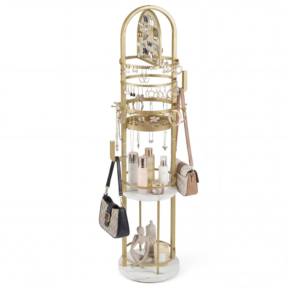 Jewelry Organizer Stand 360° Rotating Floor Jewelry Storage Rack with Earring Necklace Holders-White and Golden