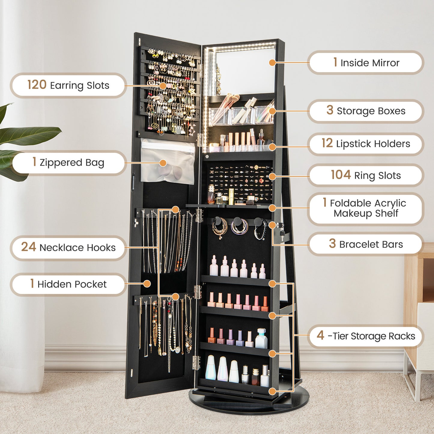 360-Degree Mirrored Jewelry Armoire with 3-Color Auto-on LED Lights-Black