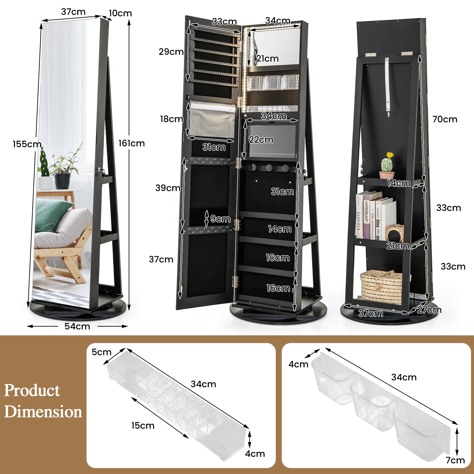 360-Degree Mirrored Jewelry Armoire with 3-Color Auto-on LED Lights-Black