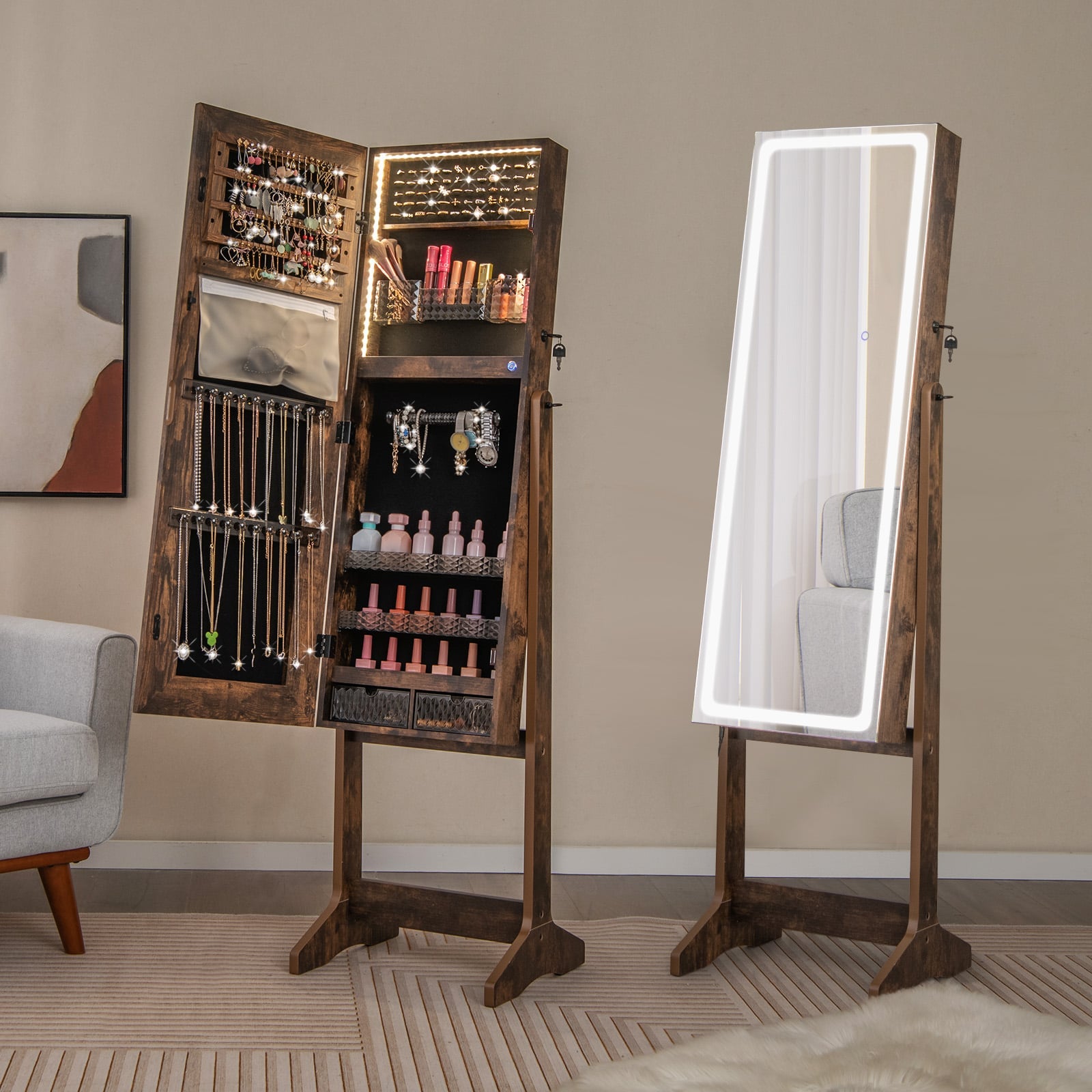 Standing Jewelry Cabinet with LED Lights Lipstick Box and 2 Drawers-Rustic Brown