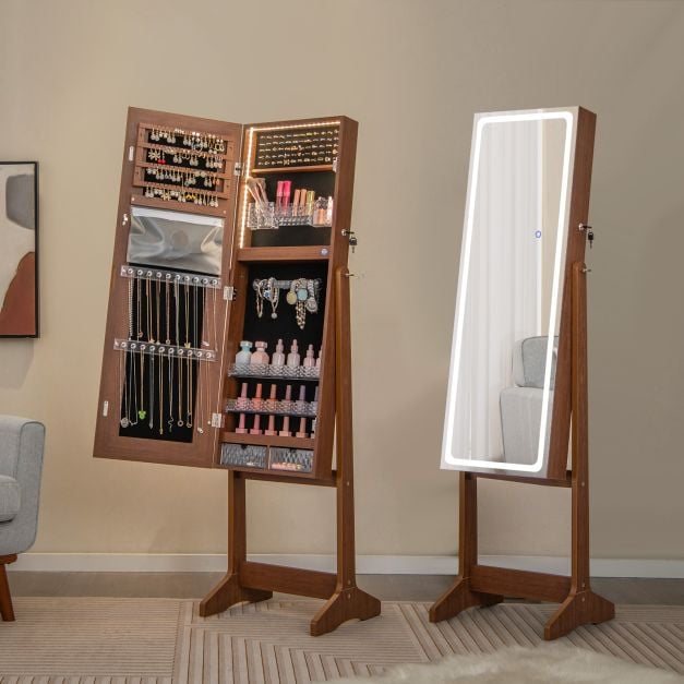 Standing Jewelry Cabinet with LED Lights Lipstick Box and 2 Drawers-Walnut