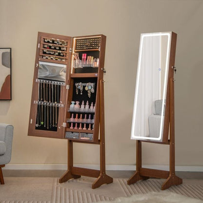Standing Jewelry Cabinet with LED Lights Lipstick Box and 2 Drawers-Walnut