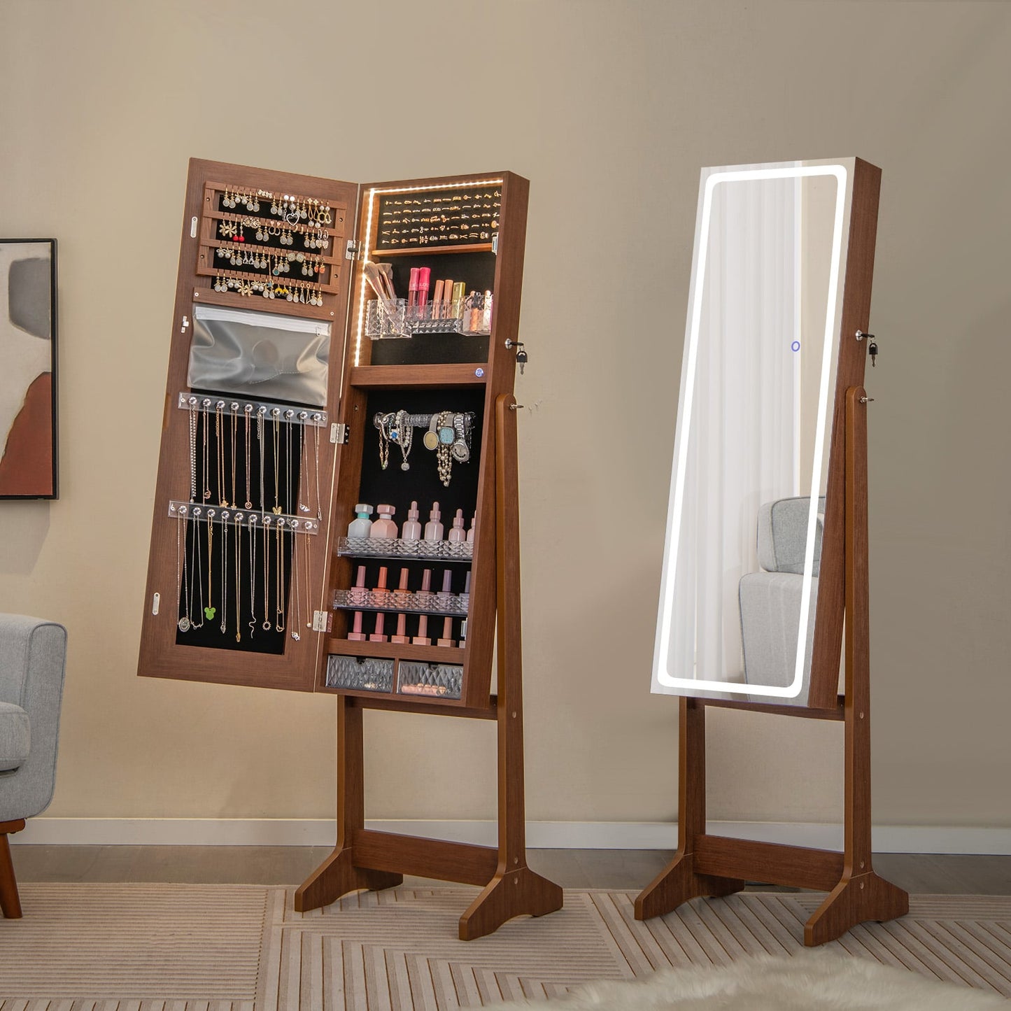 Standing Jewelry Cabinet with LED Lights Lipstick Box and 2 Drawers-Walnut