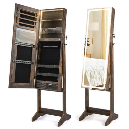 Standing Jewelry Cabinet with LED Lights Lipstick Box and 2 Drawers-Rustic Brown