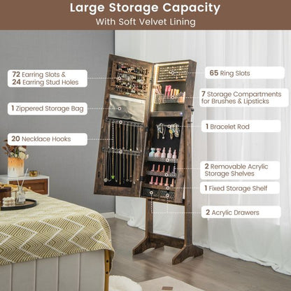 Standing Jewelry Cabinet with LED Lights Lipstick Box and 2 Drawers-Rustic Brown