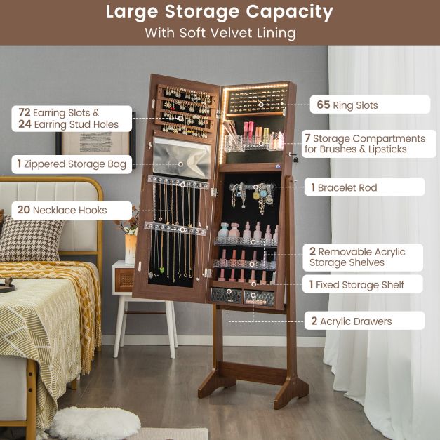 Standing Jewelry Cabinet with LED Lights Lipstick Box and 2 Drawers-Walnut