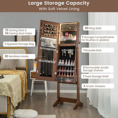 Standing Jewelry Cabinet with LED Lights Lipstick Box and 2 Drawers-Walnut