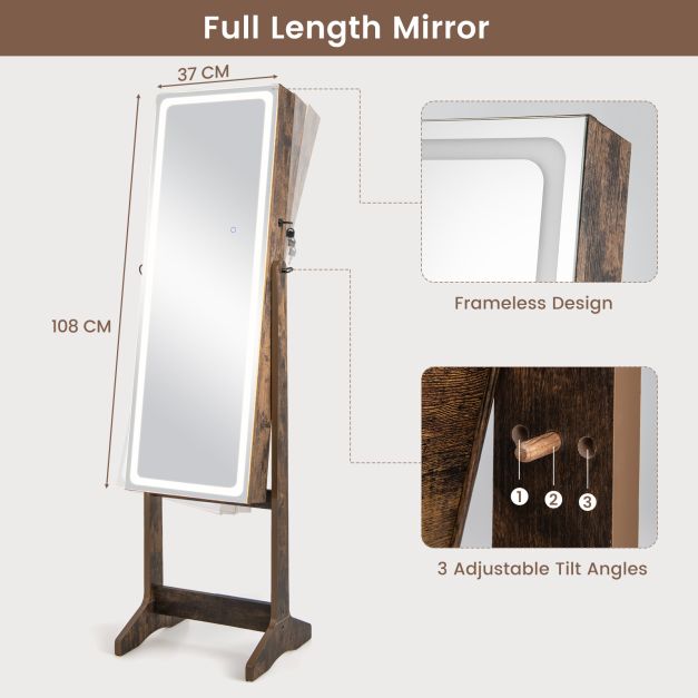 Standing Jewelry Cabinet with LED Lights Lipstick Box and 2 Drawers-Rustic Brown