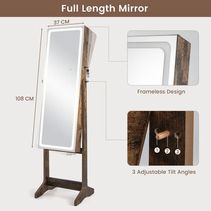 Standing Jewelry Cabinet with LED Lights Lipstick Box and 2 Drawers-Rustic Brown