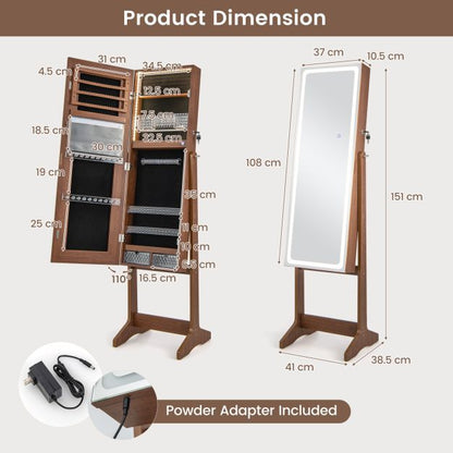 Standing Jewelry Cabinet with LED Lights Lipstick Box and 2 Drawers-Walnut