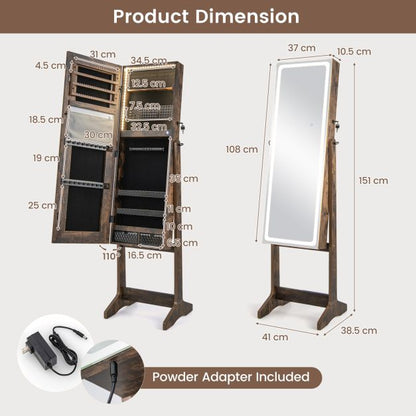 Standing Jewelry Cabinet with LED Lights Lipstick Box and 2 Drawers-Rustic Brown