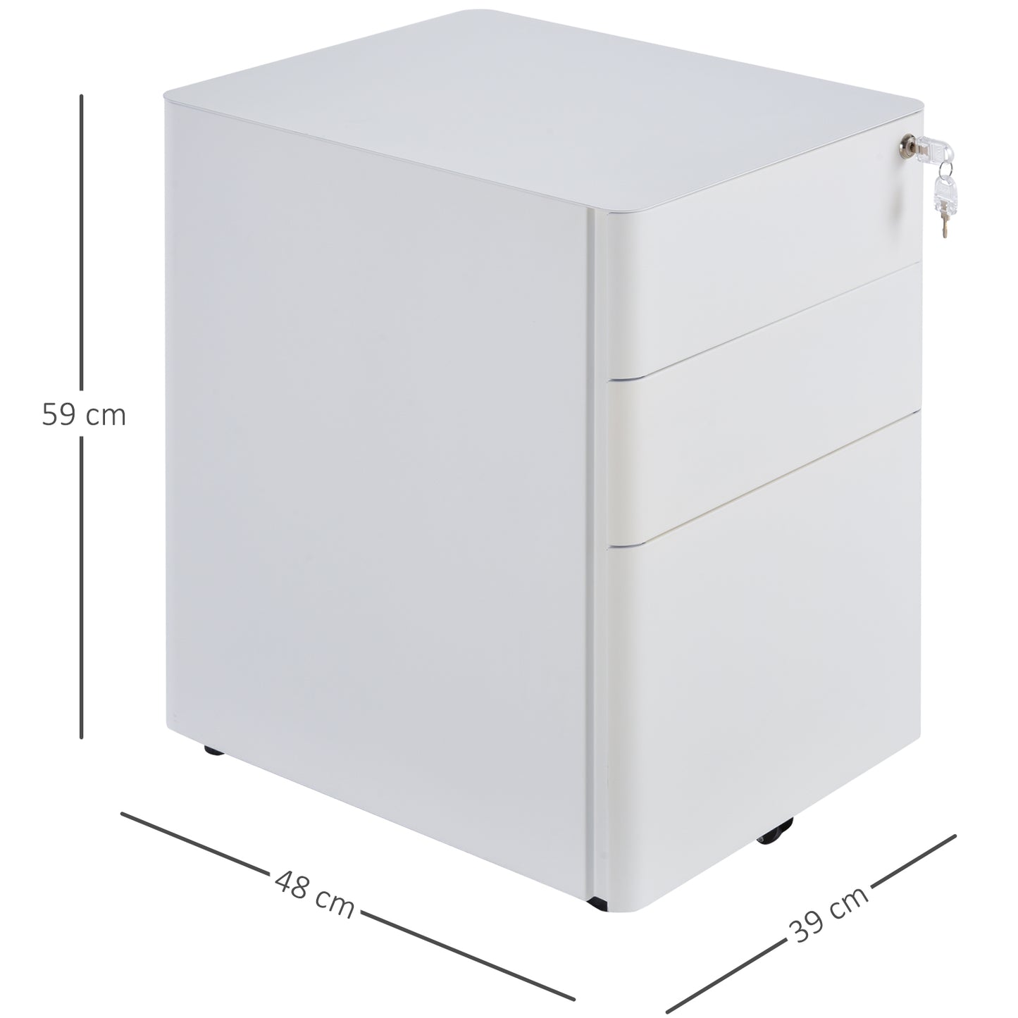 Vinsetto Lockable Cabinet, Rolling Filing Cabinet with 3 Drawers, Steel Office Drawer Unit for A4, Letter, Legal Sized Files-White