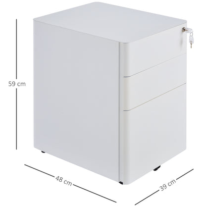 Vinsetto Lockable Cabinet, Rolling Filing Cabinet with 3 Drawers, Steel Office Drawer Unit for A4, Letter, Legal Sized Files-White