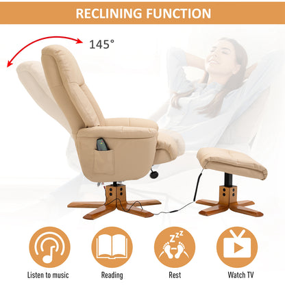 HOMCOM 10-Point Massage Sofa Armchair Chair PU Leather W/ Footrest Stool Heat Recliner Beige
