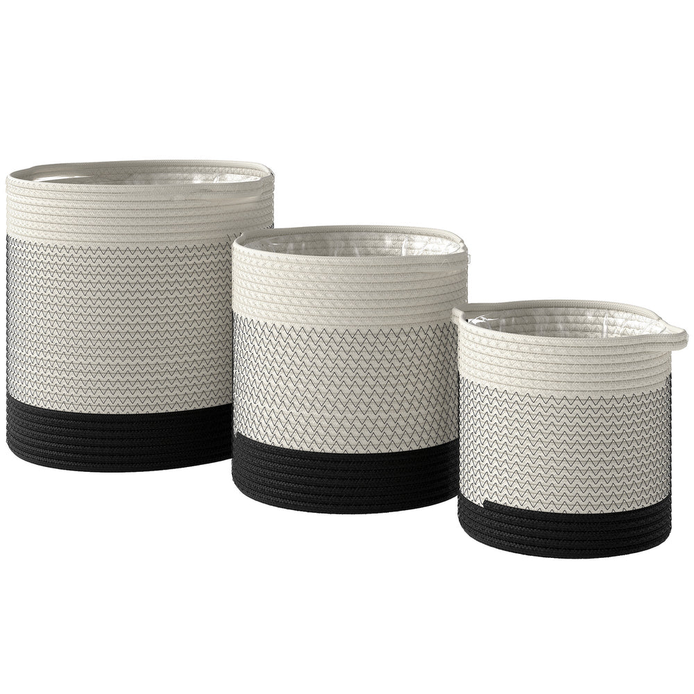 Outsunny Plant Pots Handwoven Cotton Indoor Planters with Waterproof Liner Set of 3 White