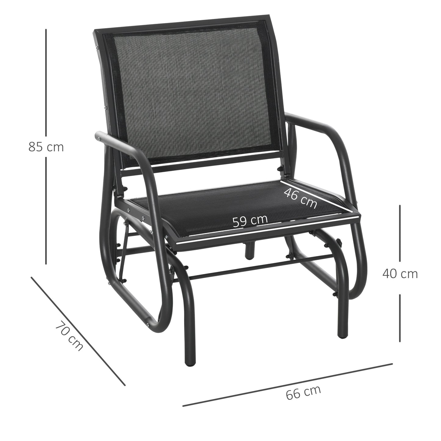 Outsunny Outdoor Garden Glider Chair, Metal Frame Single Armchair Swing Seater w/ Breath Mesh Fabric Seat, Curved Backrest, Armrests, for Living Room, Patio, Porch, Dark Grey