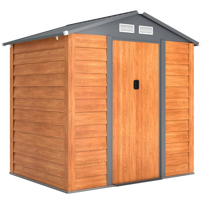 Outsunny 6.5 x 5ft Metal Garden Shed, House Hut Gardening Tool Storage with Ventilations, Sliding Door, Sloped Roof for Garden, Patio, Brown