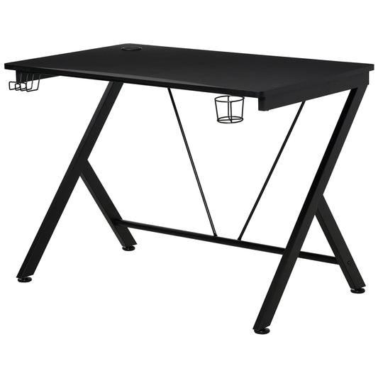 HOMCOM Gaming Desk 108 x 66 cm PC Computer Desk with Whole Board, A Shaped Gaming Table for Home Office with Cup Holder and Headphone Hook, Black