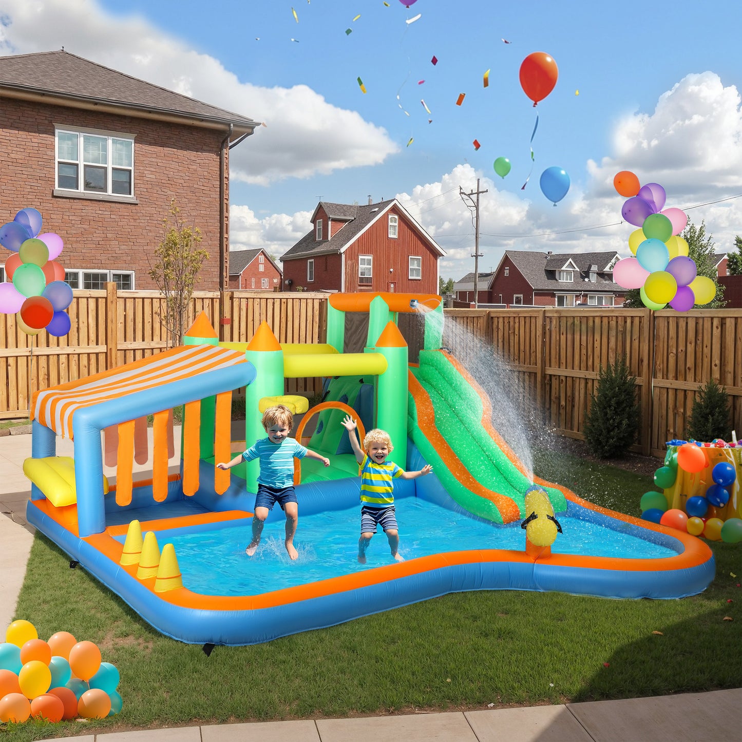 AIYAPLAY 8 in 1 Inflatable Bounce House with 680W Blower, Slide, 2 Pools, Basketball Hoop, Climbing Wall, Water Gun, Ring Toss