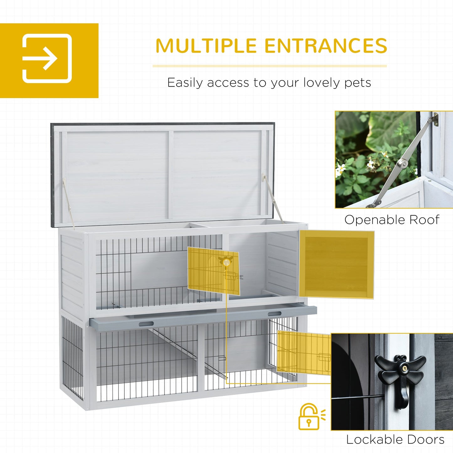 قفص أرانب خشبي من باو هوت مكون من طبقتين مع سقف قابل للفتح وبيت حيوانات صغيرة للاستخدام الخارجي، رمادي، 108 × 45 × 78 سم