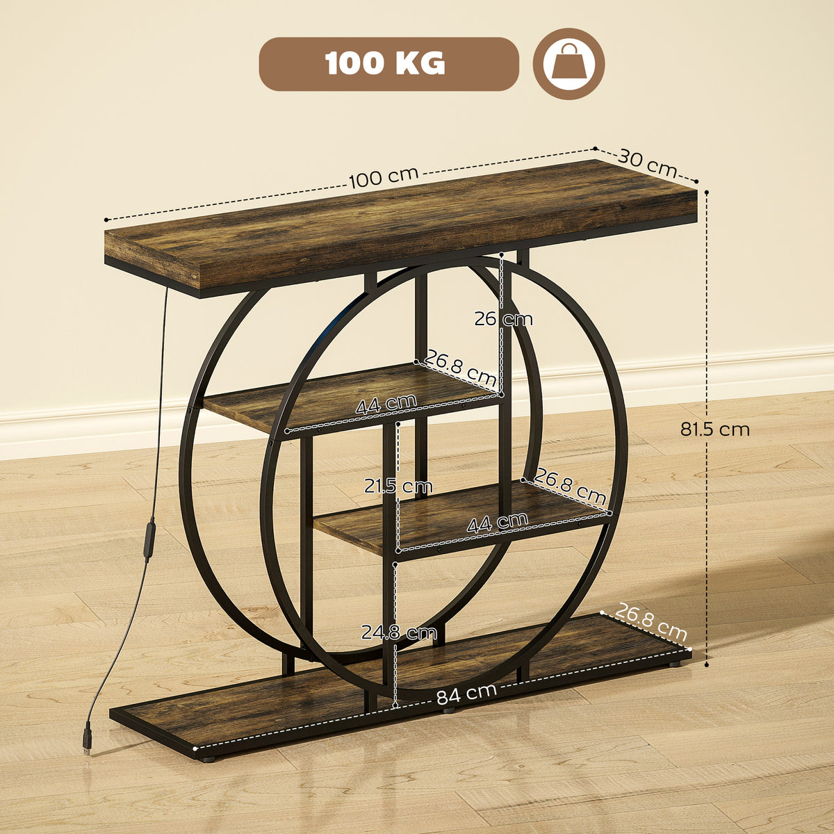 HOMCOM Industrial Console Table with LED Lights, Narrow Hallway Table with Storage Shelves, 100cm, Rustic Brown