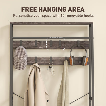HOMCOM Coat Rack with Shoe Storage, Hall Tree, Industrial Coat Stand with Shoe Bench, 10 Removable Hooks, 2 Fabric Drawers and Clothes Rail for Entryway, Hallway, Grey